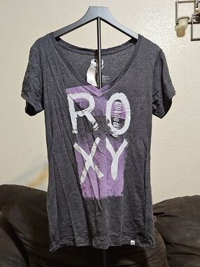 Roxy Charcoal V-Neck Tee with Purple Graphic